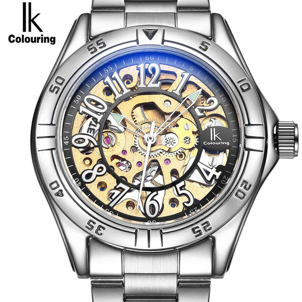 IK colouring Gold Skeleton Mechanical Hand Wind Watches Men Luxury Brand Business Dress Silver Steel Band Watch Clock relogio