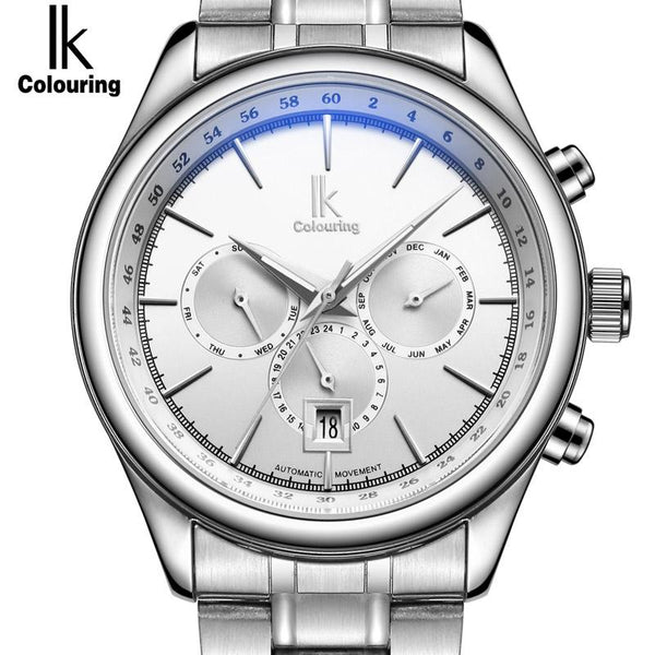 IK Brand Man Automatic Mechanical Watch Mens 24 Hours Calendar Luminous Silver Full Steel Watches Fashion Simple Casual relojes