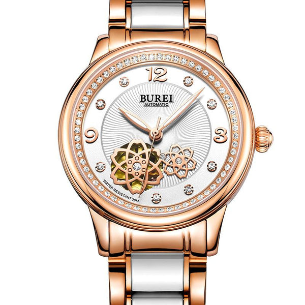 BUREI Brand Crystal Sapphire Ladies Ceramic Automatic Mechanical Watch Fashion Dress Wristwatches With Premium Package 15027