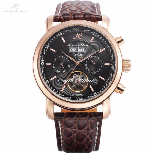 KS GRAND Series Automatic Mechanical Rose Gold Case Date Tourbillon Steel Case Men Leather Wrist Watches +Luxury Wood Box /KS368