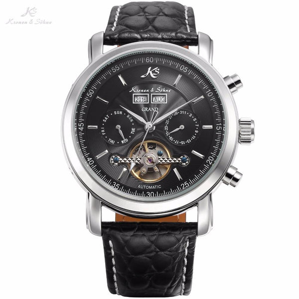 KS Grand Series Automatic Mechanical Wrist Watch Black Date Tourbillon Stainless Steel Men Leather Clock +Wooden Gift Box /KS367