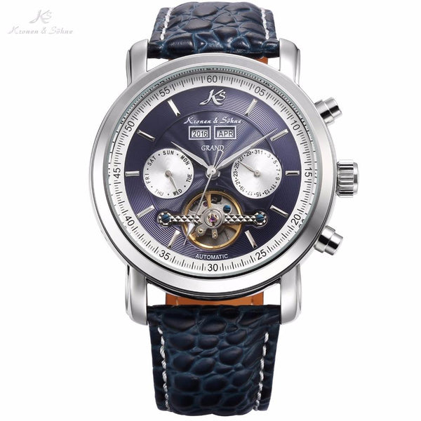 KS Blue Automatic Grand Series Luxury Mechanical Watch Calendar Tourbillon Steel Leather Band Timepiece Men's Clock Gift /KS370