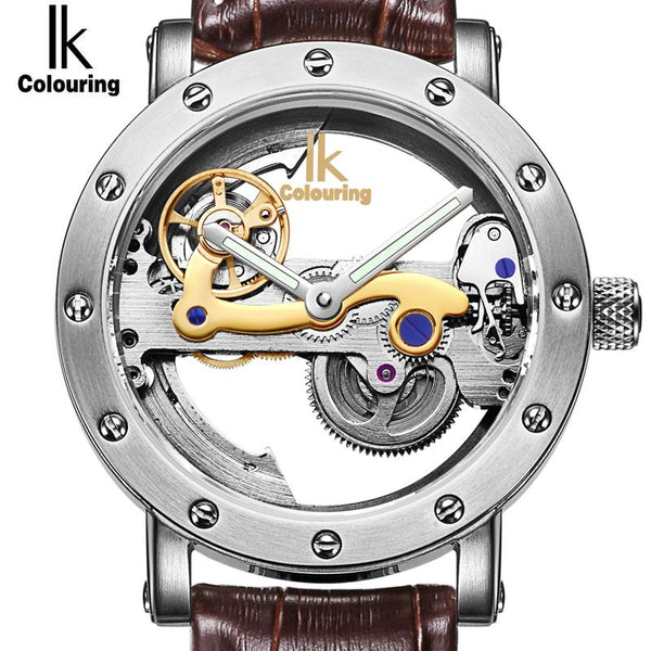 IK Luxury Automatic Mechanical Watches Men Silver Genuine Leather Skeleton Watch Clock Military Sport Watch relogios masculino