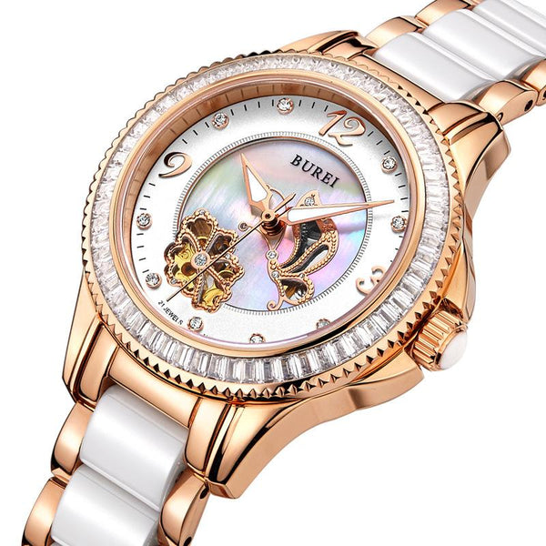 BUREI Luxury Crystal Sapphire Ladies Ceramic Band Automatic Mechanical Watch Waterproof Wristwatches With Premiums Package 15022