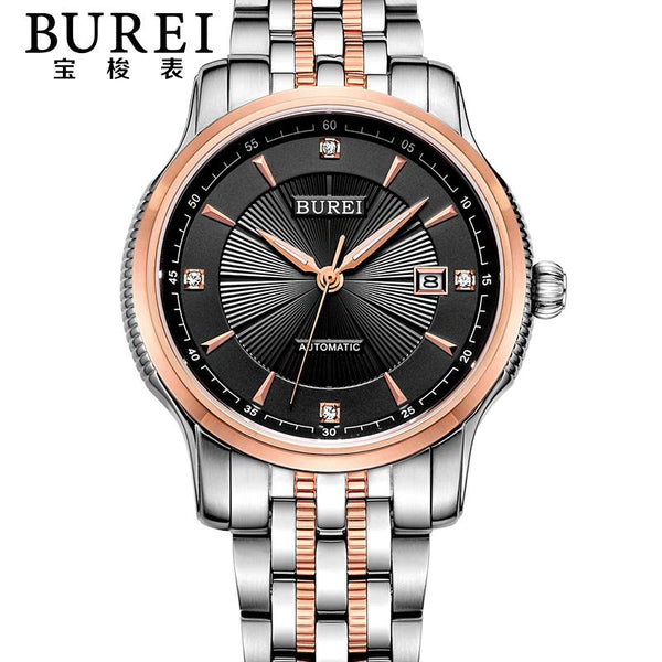 BUREI Mens Business Crystal Sapphire Stainless Steel Automatic Mechanical Watch Waterproof Wristwatch With Premiums Package 5026