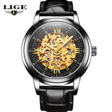 LIGE Hollow Skeleton Automatic Mechanical Mens Watch Man Classic Leather Business Men WristWatches Male Sport Clock Reloj Hombre