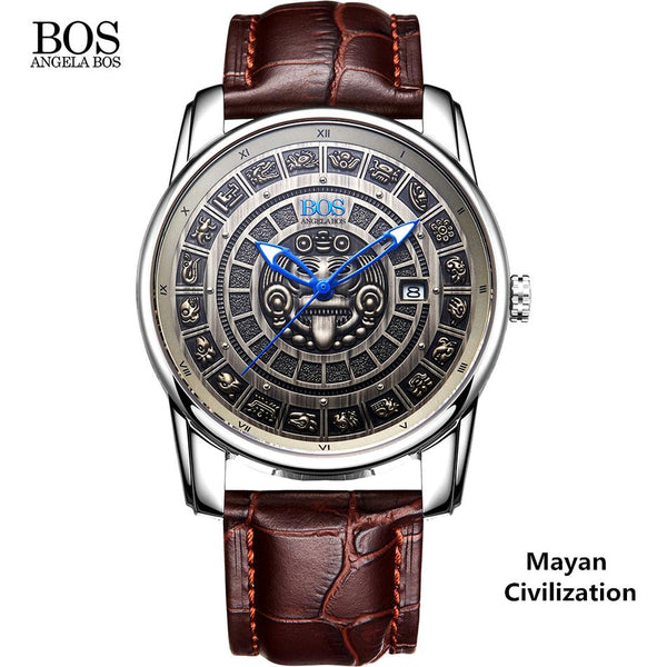 ANGELA BOS Retro 3D Maya Calendar Dial Stainless Steel Automatic Mechanical Watch Men Luminous Mens Watches Top Brand Luxury