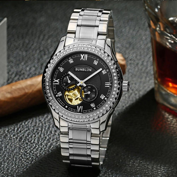 Mechanical Men's Watches Classic relogio masculino Silver Stainless Steel Skeleton Golden Movement Sport Army Mechanical Watch