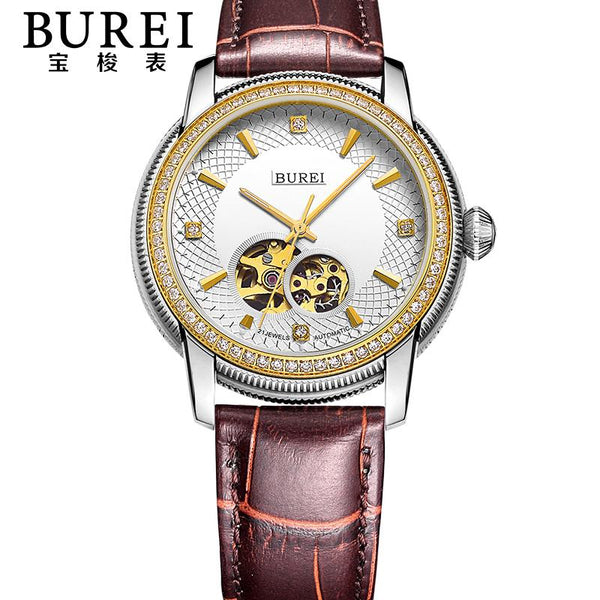 BUREI Luxury Men Crystal Sapphire Genuine Leather Automatic Mechanical Watch Waterproof Wristwatches With Premiums Package 5015