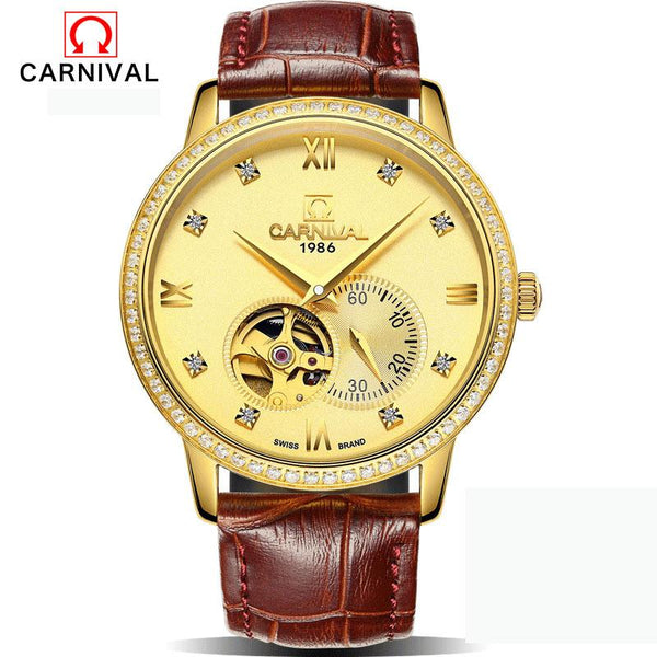 CARNIVAL Skeleton mens watches top brand luxury automatic mechanical watch sport waterproof black business belt watch Tourbillon