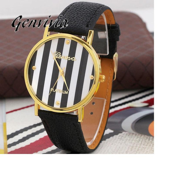 2017 Genvivia Brand 3color Quartz Watches Women Classic Stripes Print PU Leather Woman Man Analog Wrist Watch #T40 Gift