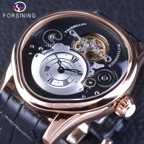 Forsining Rose Gold Tourbillion Design 316 Full Stainless Steel Case Genuine Leather Men Mechanical Watch with Automatic Winding