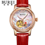 BUREI Elegant Crystal Sapphire Ladies Genuine Leather Automatic Mechanical Watch Hollow Wristwatch With Premiums Package 15032