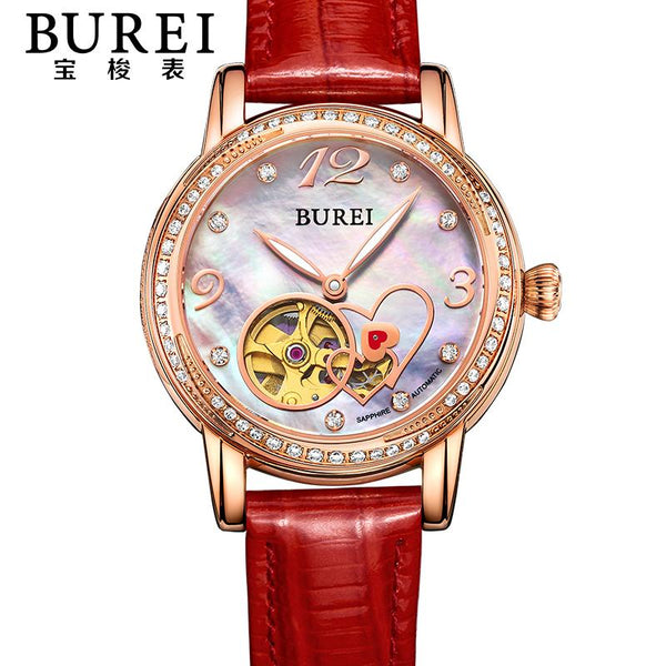 BUREI Elegant Crystal Sapphire Ladies Genuine Leather Automatic Mechanical Watch Hollow Wristwatch With Premiums Package 15032