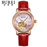 BUREI Elegant Crystal Sapphire Ladies Genuine Leather Automatic Mechanical Watch Hollow Wristwatch With Premiums Package 15032