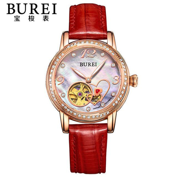 BUREI Elegant Crystal Sapphire Ladies Genuine Leather Automatic Mechanical Watch Hollow Wristwatch With Premiums Package 15032