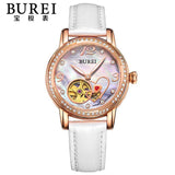 BUREI Elegant Crystal Sapphire Ladies Genuine Leather Automatic Mechanical Watch Hollow Wristwatch With Premiums Package 15032