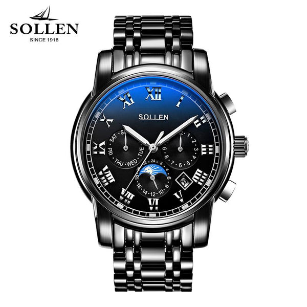 SOLLEN  function automatic mechanical watch men waterproof steel moon phase night light male watches