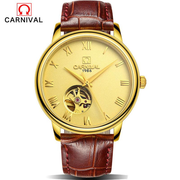 CARNIVAL Men Mechanical Watch Big Dial Luxury Brand Business Men Leather Watches Clock Wristwatches Relogio Masculino Reloj