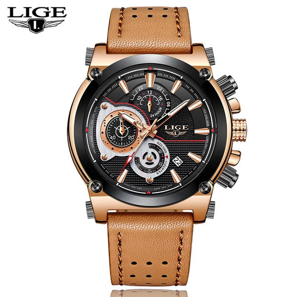 New LIGE Mens Watches Top Brand Luxury Quartz Gold Watch Men Casual Leather Military Waterproof Sport Watch Relogio Masculino