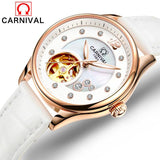 Carnival Luxury Fashion Automatic Mechanical Watches Women Leather Waterproof Diamond Hollow Luminous Woman Watch montre femme