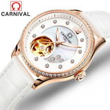 Carnival Luxury Fashion Automatic Mechanical Watches Women Leather Waterproof Diamond Hollow Luminous Woman Watch montre femme