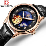 Carnival Luxury Fashion Automatic Mechanical Watches Women Leather Waterproof Diamond Hollow Luminous Woman Watch montre femme