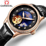 Carnival Luxury Fashion Automatic Mechanical Watches Women Leather Waterproof Diamond Hollow Luminous Woman Watch montre femme