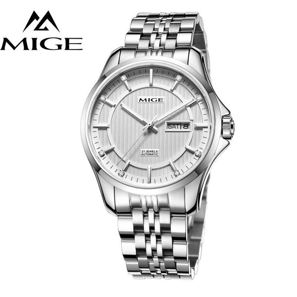 MIGE Watches Men Mechanical Wristwatch Calendar Date Synthetic Sapphire Crystal Rhinestones Water Resistant Full Stainless Steel