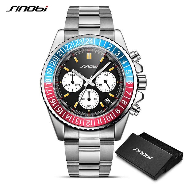 SINOBI Relogio Masculino Mens Watch Rotatable Bezel Full Steel Fashion Business Watch 2018 Chronograph Quartz Watch with box