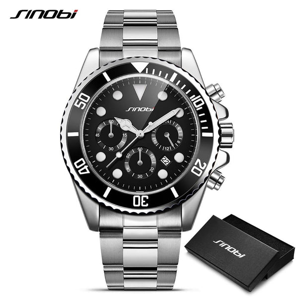 SINOBI Submariner 316 Full Steel Men Black Watch Rotatable Clock Men Fashion Business Quartz Watch Sports Relogio Masculino