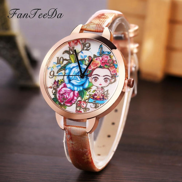 FanTeeDa 2018 Luxury Brand Women Watches Fashion Flower Girls Model Smart Red Leather Band Quartz Wristwatch Dress Clock