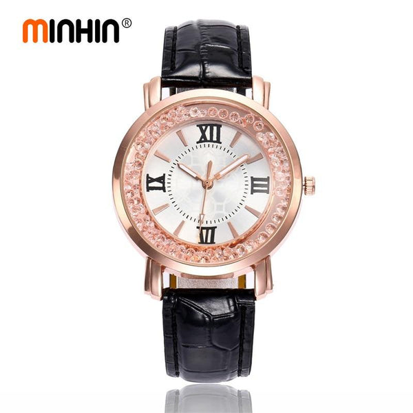 MINHIN Women Smart Watches Ladies Casual Dress Leather Quartz Wrist Watch Quicksand Jewelry Roman Numerals Rose Gold Watch